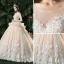 Étourdissant Champagne Percé Robe De Mariée 2018 Robe Boule Encolure Dégagée Manches Longues Dos Nu Appliques Fleur Perle Volants Royal Train
