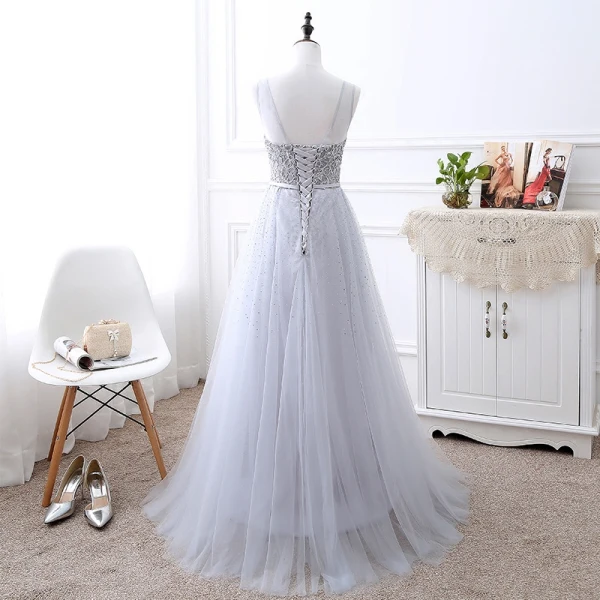 Élégant Gris Transparentes Robe De Soirée 2018 Princesse Encolure Dégagée Sans Manches Appliques En Dentelle Faux Diamant Noeud Ceinture Longue Volants Dos Nu Robe De Ceremonie