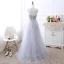 Élégant Gris Transparentes Robe De Soirée 2018 Princesse Encolure Dégagée Sans Manches Appliques En Dentelle Faux Diamant Noeud Ceinture Longue Volants Dos Nu Robe De Ceremonie