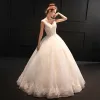 Chic / Beautiful Church Hall Wedding Dresses 2017 Lace Appliques Pearl Sequins V-Neck Sleeveless Backless Floor-Length / Long White Ball Gown