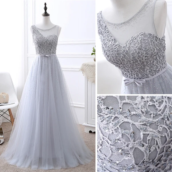 Élégant Gris Transparentes Robe De Soirée 2018 Princesse Encolure Dégagée Sans Manches Appliques En Dentelle Faux Diamant Noeud Ceinture Longue Volants Dos Nu Robe De Ceremonie