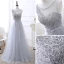 Élégant Gris Transparentes Robe De Soirée 2018 Princesse Encolure Dégagée Sans Manches Appliques En Dentelle Faux Diamant Noeud Ceinture Longue Volants Dos Nu Robe De Ceremonie