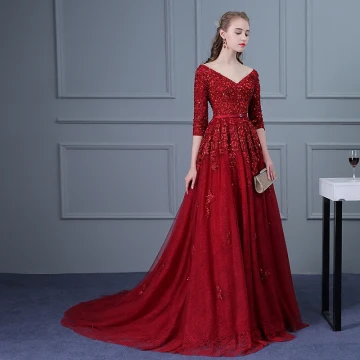 Chic Belle Bordeaux Robe De Soirée 2018 Empire V Cou 3 4 Manches Paillettes Perlage Ceinture Tribunal Train Volants Dos Nu Robe De Ceremonie