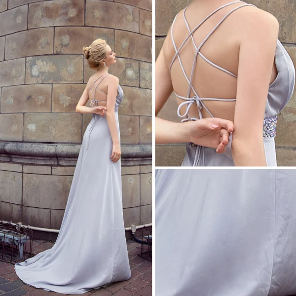 Sexy Grå Selskapskjoler 2018 Empire Spaghettistropper Uten Ermer Rhinestone Sash Feie Tog Buste Ryggløse Formelle Kjoler