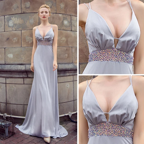 Sexy Grå Selskapskjoler 2018 Empire Spaghettistropper Uten Ermer Rhinestone Sash Feie Tog Buste Ryggløse Formelle Kjoler