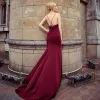 Sexy Burgundy Evening Dresses  2018 Empire Spaghetti Straps Sleeveless Beading Sash Court Train Ruffle Backless Formal Dresses