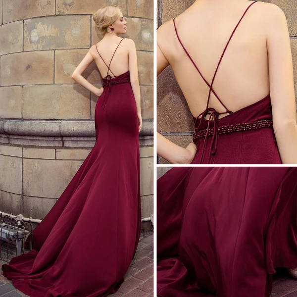Sexy Bordeaux Robe De Soirée 2018 Empire Bretelles Spaghetti Sans Manches Perlage Ceinture Tribunal Train Volants Dos Nu Robe De Ceremonie