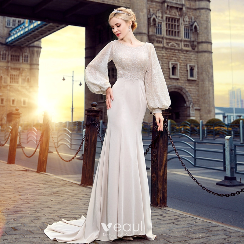 Veaul Elegant Ivory Evening Dresses 2018 Trumpet Mermaid Scoop Neck Long Sleeve Beading Court