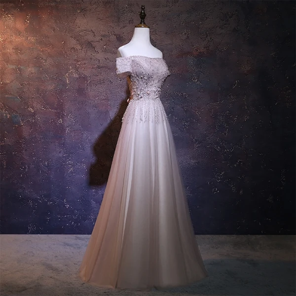 Chic / Beautiful Pearl Pink Prom Dresses 2018 A-Line / Princess Off-The-Shoulder Short Sleeve Sequins Beading Tassel Floor-Length / Long Ruffle Backless Formal Dresses