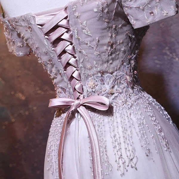 Chic / Beautiful Pearl Pink Prom Dresses 2018 A-Line / Princess Off-The-Shoulder Short Sleeve Sequins Beading Tassel Floor-Length / Long Ruffle Backless Formal Dresses