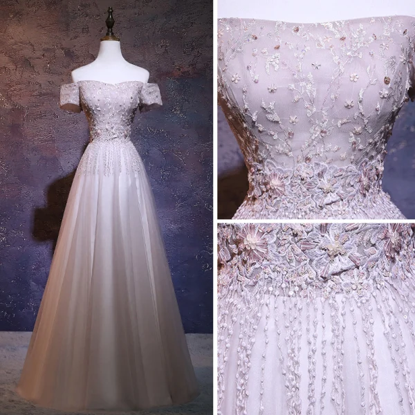 Chic / Beautiful Pearl Pink Prom Dresses 2018 A-Line / Princess Off-The-Shoulder Short Sleeve Sequins Beading Tassel Floor-Length / Long Ruffle Backless Formal Dresses