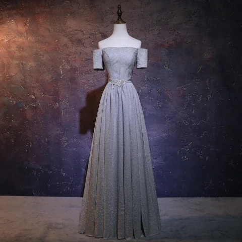 Elegant Grå Glitter Selskapskjoler 2018 Prinsesse Av Skulderen Korte Ermer Rhinestone Sash Lange Buste Ryggløse Formelle Kjoler