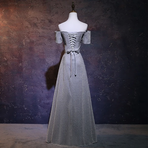 Élégant Gris Glitter Robe De Soirée 2018 Princesse De l'épaule Manches Courtes Faux Diamant Ceinture Longue Volants Dos Nu Robe De Ceremonie