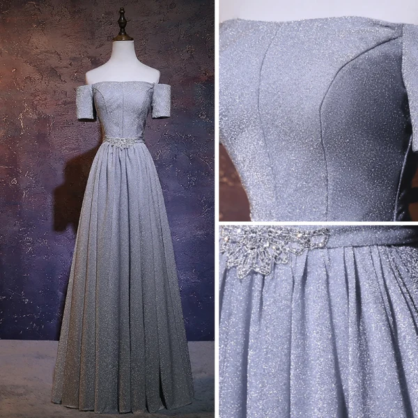 Élégant Gris Glitter Robe De Soirée 2018 Princesse De l'épaule Manches Courtes Faux Diamant Ceinture Longue Volants Dos Nu Robe De Ceremonie