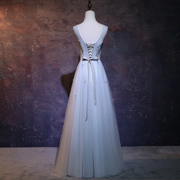 Chic / Beautiful Sky Blue Evening Dresses 2018 A-Line / Princess V-Neck Sleeveless Appliques Lace Pearl Rhinestone Beading Floor-Length / Long Ruffle Backless Formal Dresses