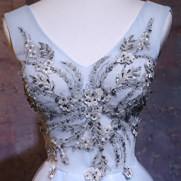 Chic / Beautiful Sky Blue Evening Dresses 2018 A-Line / Princess V-Neck Sleeveless Appliques Lace Pearl Rhinestone Beading Floor-Length / Long Ruffle Backless Formal Dresses