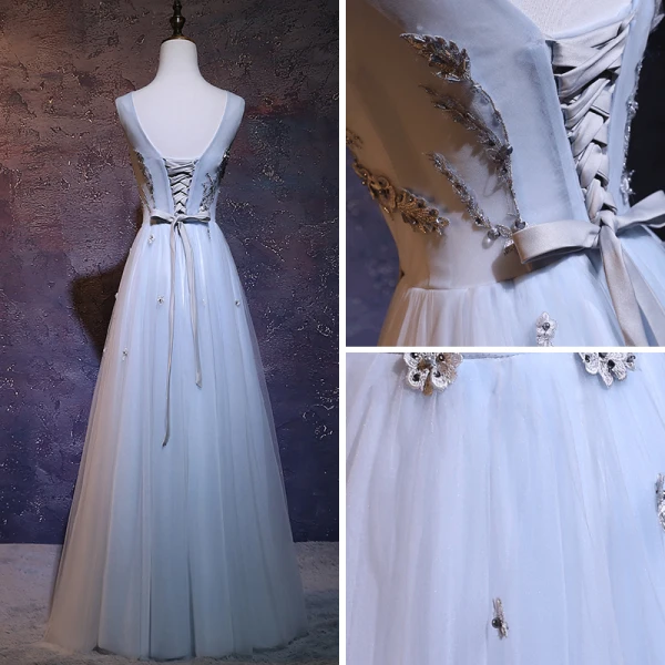Chic / Beautiful Sky Blue Evening Dresses 2018 A-Line / Princess V-Neck Sleeveless Appliques Lace Pearl Rhinestone Beading Floor-Length / Long Ruffle Backless Formal Dresses