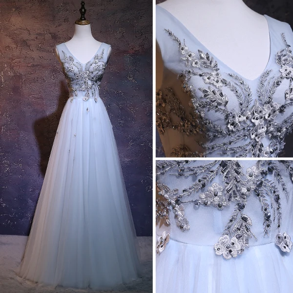 Chic / Beautiful Sky Blue Evening Dresses 2018 A-Line / Princess V-Neck Sleeveless Appliques Lace Pearl Rhinestone Beading Floor-Length / Long Ruffle Backless Formal Dresses