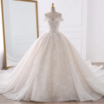 Étourdissant Champagne Robe De Mariée 2018 Robe Boule De L Épaule Manches Courtes Dos Nu En Dentelle Appliques Fleur Perle Volants Royal Train