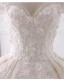 Stunning Champagne Wedding Dresses 2018 Ball Gown Off-The-Shoulder Short Sleeve Backless Lace Appliques Flower Pearl Ruffle Royal Train