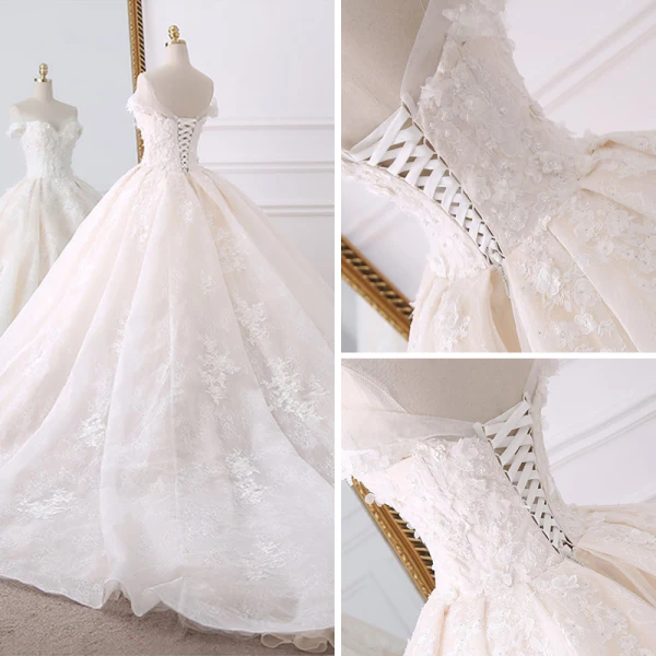 Stunning Champagne Wedding Dresses 2018 Ball Gown Off-The-Shoulder Short Sleeve Backless Lace Appliques Flower Pearl Ruffle Royal Train