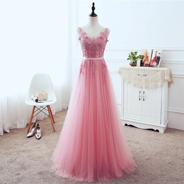 Chic / Belle Rose Bonbon Robe De Soirée 2018 Princesse V-Cou Sans Manches Appliques En Dentelle Perle Paillettes Ceinture Longue Volants Dos Nu Robe De Ceremonie