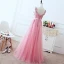 Chic / Belle Rose Bonbon Robe De Soirée 2018 Princesse V-Cou Sans Manches Appliques En Dentelle Perle Paillettes Ceinture Longue Volants Dos Nu Robe De Ceremonie