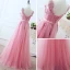 Chic / Belle Rose Bonbon Robe De Soirée 2018 Princesse V-Cou Sans Manches Appliques En Dentelle Perle Paillettes Ceinture Longue Volants Dos Nu Robe De Ceremonie