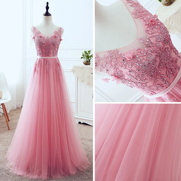 Chic / Belle Rose Bonbon Robe De Soirée 2018 Princesse V-Cou Sans Manches Appliques En Dentelle Perle Paillettes Ceinture Longue Volants Dos Nu Robe De Ceremonie