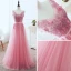 Chic / Belle Rose Bonbon Robe De Soirée 2018 Princesse V-Cou Sans Manches Appliques En Dentelle Perle Paillettes Ceinture Longue Volants Dos Nu Robe De Ceremonie