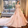 Luxury / Gorgeous Blushing Pink Wedding Dresses 2018 Ball Gown Off-The-Shoulder Short Sleeve Backless Beading Appliques Flower Rhinestone Ruffle Royal Train