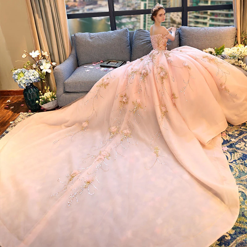Luxury Gorgeous Blushing Pink Wedding Dresses 2018 Ball Gown Off The  Shoulder Short Sleeve Backless Beading Appliques Flower Rhinestone Ruffle  Royal Train