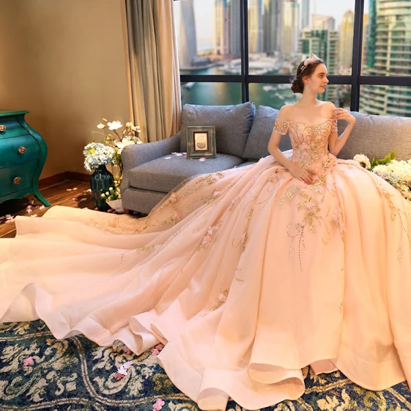 Luxury / Gorgeous Blushing Pink Wedding Dresses 2018 Ball Gown Off-The-Shoulder Short Sleeve Backless Beading Appliques Flower Rhinestone Ruffle Royal Train