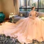 Luxury / Gorgeous Blushing Pink Wedding Dresses 2018 Ball Gown Off-The-Shoulder Short Sleeve Backless Beading Appliques Flower Rhinestone Ruffle Royal Train