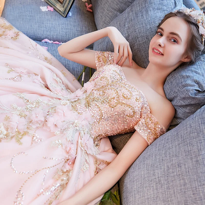 chinese dress ladies Off The Shoulder Dusty Pink Wedding Dress – TANYA BRIDAL main image 0