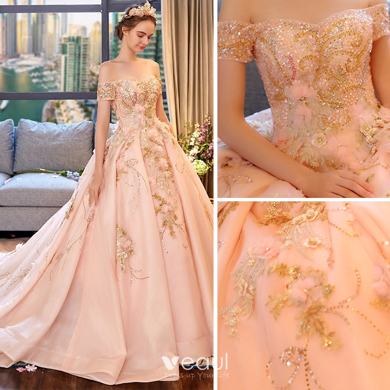 Luxury / Gorgeous Blushing Pink Wedding Dresses 2018 Ball Gown Off-The-Shoulder Short Sleeve Backless Beading Appliques Flower Rhinestone Ruffle Royal Luxury / Gorgeous Blushing Pink Wedding Dresses 2018 Ball Gown Off-The-Shoulder Short Sleeve Backless Beading Appliques Flower Rhinestone Ruffle Royal