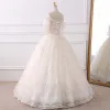 Elegant Champagne Wedding Dresses 2018 Ball Gown Off-The-Shoulder 1/2 Sleeves Backless Appliques Lace Beading Pearl Tassel Ruffle Floor-Length / Long