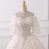 Elegant Champagne Wedding Dresses 2018 Ball Gown Off-The-Shoulder 1/2 Sleeves Backless Appliques Lace Beading Pearl Tassel Ruffle Floor-Length / Long