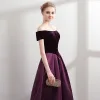 Modest / Simple Grape Bridesmaid Dresses 2018 A-Line / Princess Off-The-Shoulder Short Sleeve Floor-Length / Long Ruffle Backless Wedding Party Dresses