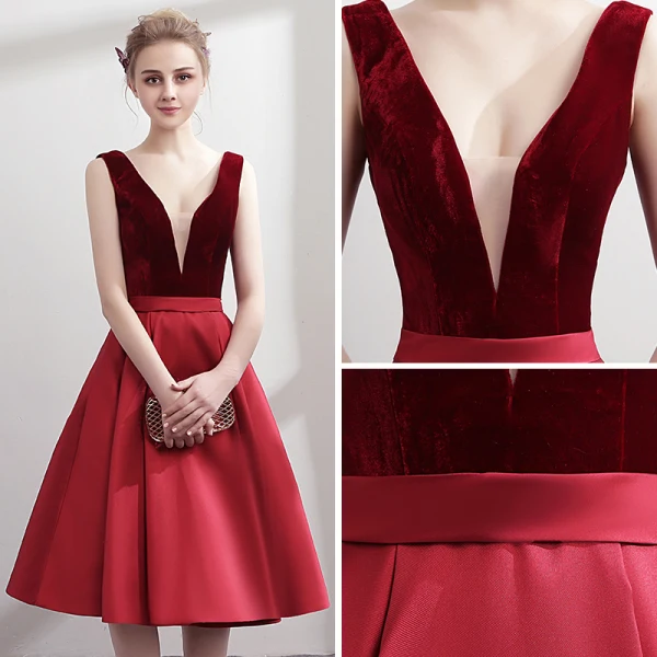Simple Bordeaux Rouge Robe De Fete 2018 Princesse V-Cou Sans Manches Ceinture Mi-Longues Volants Dos Nu Robe De Ceremonie