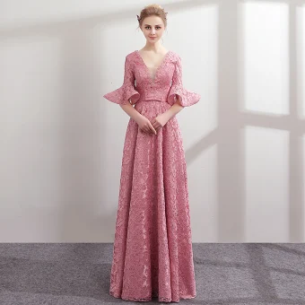 Moderne Mode Rose Bonbon Dentelle Robe De Soirée 2018 Princesse Perle V Cou 1 2 Manches Noeud Ceinture Longue Volants Dos Nu Robe De Ceremonie