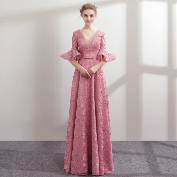 Moderne Mode Rose Bonbon Dentelle Robe De Soirée 2018 Princesse Perle V Cou 1 2 Manches Noeud Ceinture Longue Volants Dos Nu Robe De Ceremonie
