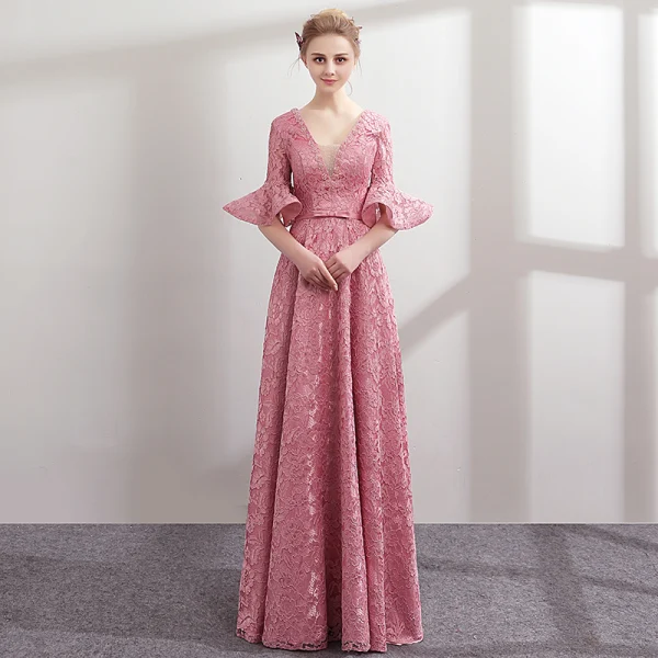 Modern / Fashion Candy Pink Lace Evening Dresses 2018 A-Line / Princess Pearl V-Neck 1/2 Sleeves Bow Sash Floor-Length / Long Ruffle Backless Formal Dresses