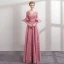 Modern / Fashion Candy Pink Lace Evening Dresses  2018 A-Line / Princess Pearl V-Neck 1/2 Sleeves Bow Sash Floor-Length / Long Ruffle Backless Formal Dresses