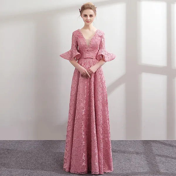 Moderne Mode Rose Bonbon Dentelle Robe De Soiree 2018 Princesse Perle V Cou 1 2 Manches