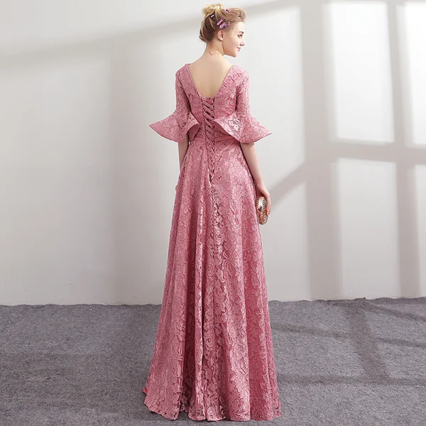 Modern / Fashion Candy Pink Lace Evening Dresses 2018 A-Line / Princess Pearl V-Neck 1/2 Sleeves Bow Sash Floor-Length / Long Ruffle Backless Formal Dresses