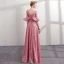 Modern / Fashion Candy Pink Lace Evening Dresses  2018 A-Line / Princess Pearl V-Neck 1/2 Sleeves Bow Sash Floor-Length / Long Ruffle Backless Formal Dresses
