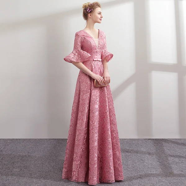 Modern / Fashion Candy Pink Lace Evening Dresses 2018 A-Line / Princess Pearl V-Neck 1/2 Sleeves Bow Sash Floor-Length / Long Ruffle Backless Formal Dresses