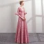 Modern / Fashion Candy Pink Lace Evening Dresses  2018 A-Line / Princess Pearl V-Neck 1/2 Sleeves Bow Sash Floor-Length / Long Ruffle Backless Formal Dresses