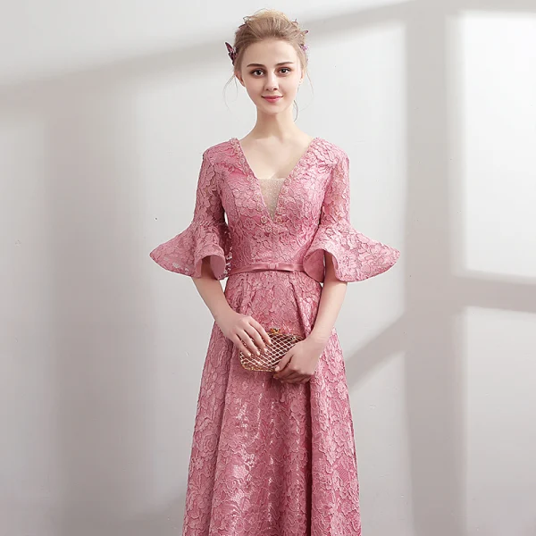 Modern / Fashion Candy Pink Lace Evening Dresses 2018 A-Line / Princess Pearl V-Neck 1/2 Sleeves Bow Sash Floor-Length / Long Ruffle Backless Formal Dresses